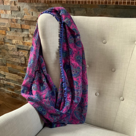 AERIE Pink Infinity Scarf in Pink Paisley Print with Purple Pompoms - Picture 2 of 3